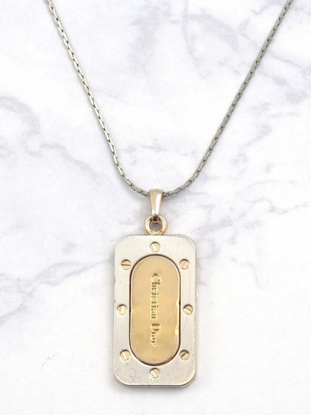 Vintage Christian Dior Classic Logo Gold Silver Two-Toned Tag Pendant Necklace